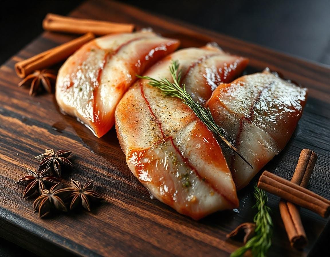 Fresh rohu fish fillets laid out on a wooden cutting board surrounded by spices