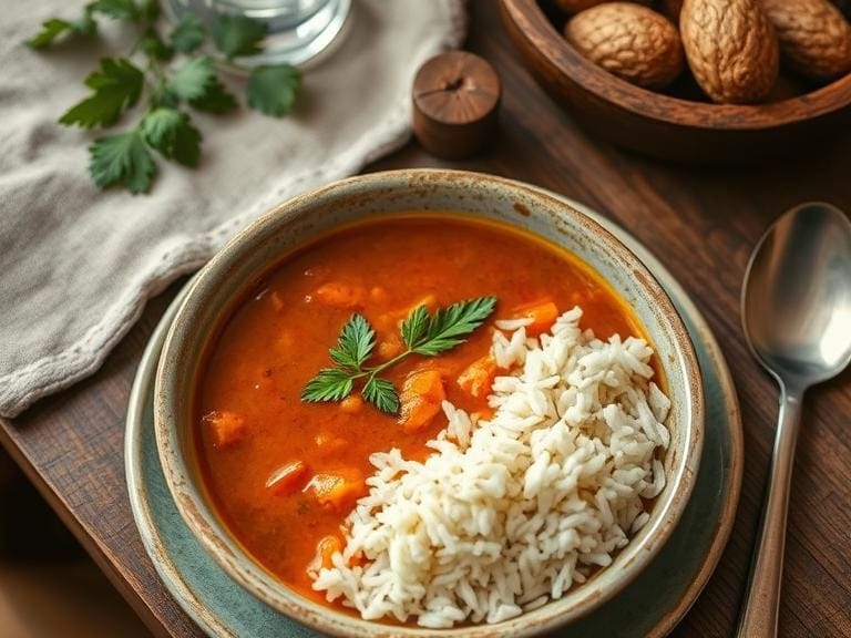 A rustic table setting featuring the soup served with steamed basmati rice
