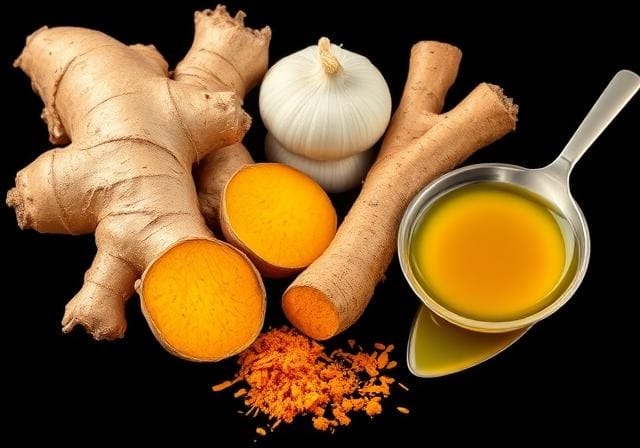 A vibrant illustration of ginger, garlic, and turmeric roots alongside a spoonful of golden broth