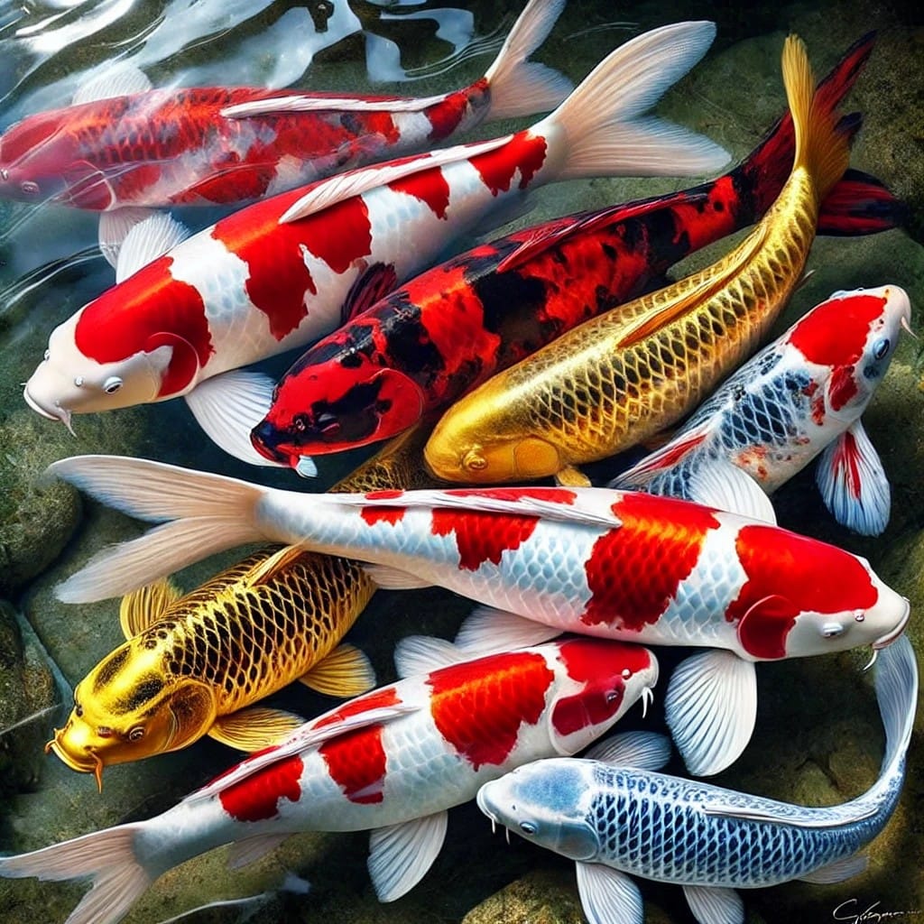 Four colourful koi fish