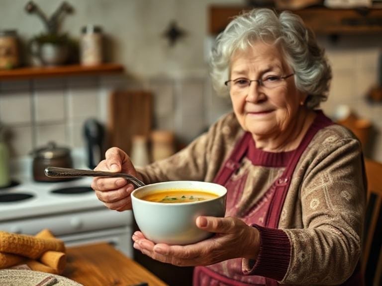 Grandmother Serving Soup Warm rustic kitchen setting